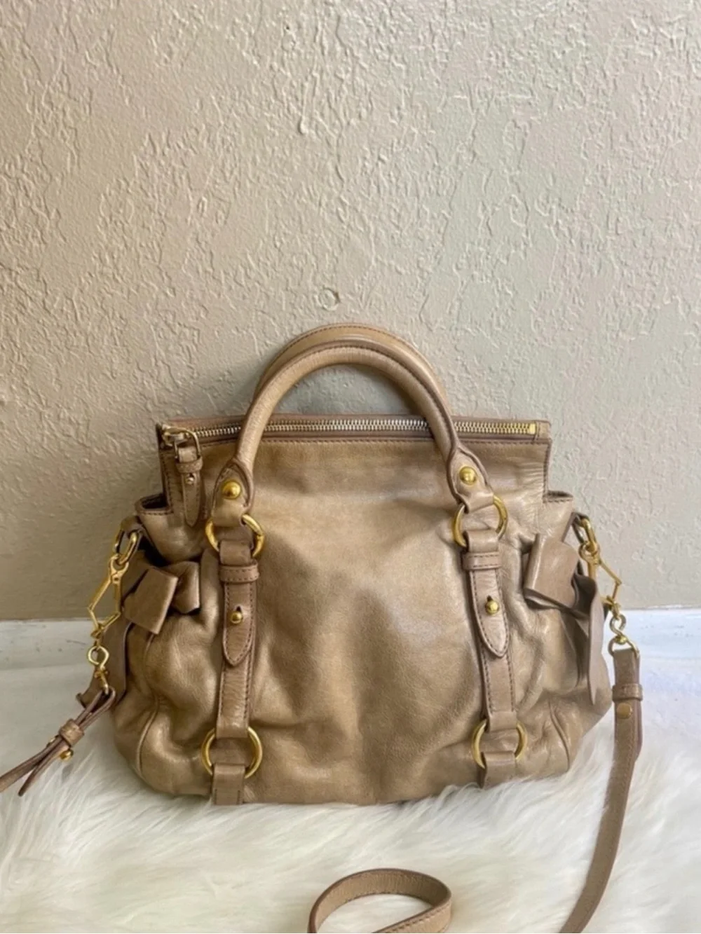 Miu Miu Tan Leather Satchel with Gold-Tone Hardware